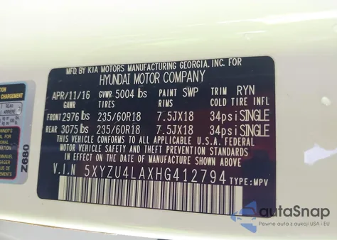 2017 Hyundai Santa Fe Sport 2.0T from USA, damaged, VIN 5XYZU4LAXHG412794